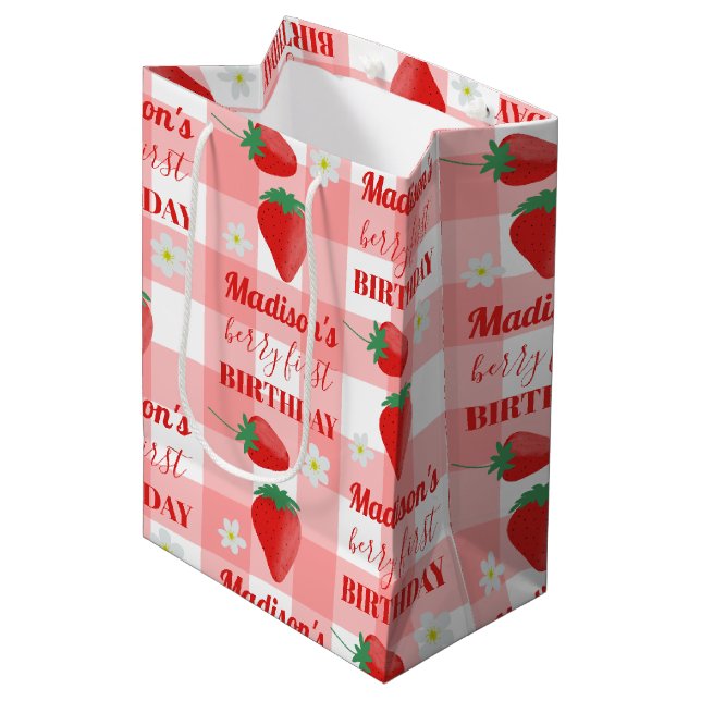 Bolsa De Regalo Mediana Berry primer cumpleaños Strawberry primer nombre (Angulo Anverso)
