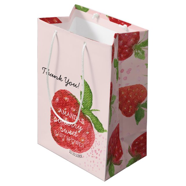 Bolsa De Regalo Mediana Berry Sweet Strawberry Red Pink Baby Shower (Angulo Anverso)