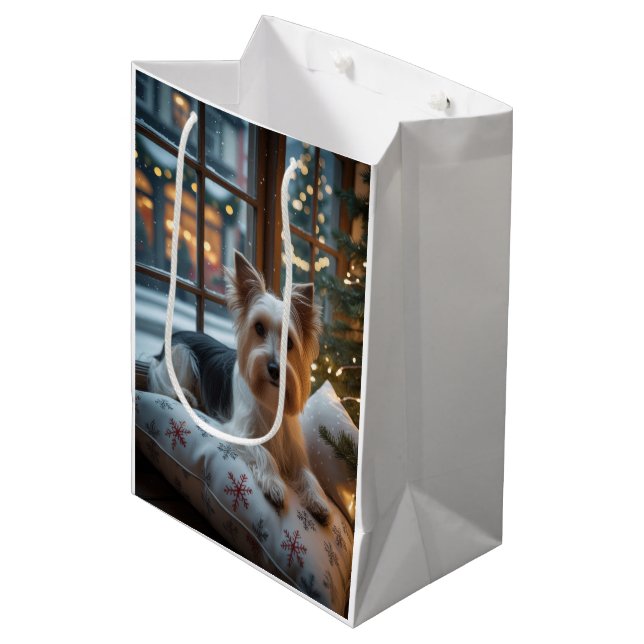 Bolsa De Regalo Mediana Biewer Terrier With Christmas Lights Holiday (Angulo Anverso)