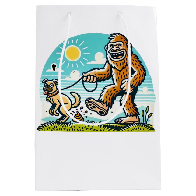Bolsa De Regalo Mediana Bigfoot Walking His Dog Humorous Outdoor  (Anverso)