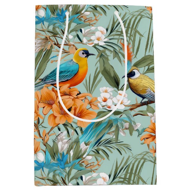 Bolsa De Regalo Mediana Birds Chinoiserie Mint Naranja (Anverso)