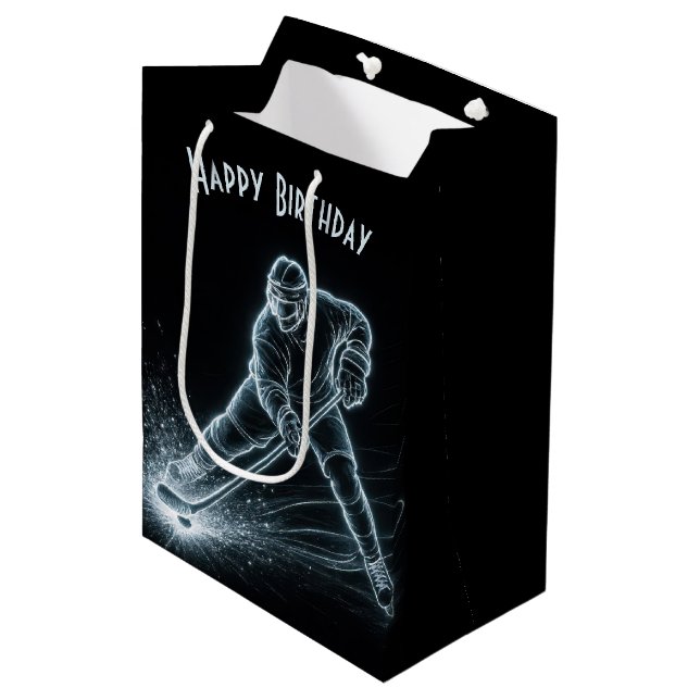 Bolsa De Regalo Mediana Birthday Neon Hockey Player On Ice (Angulo Anverso)