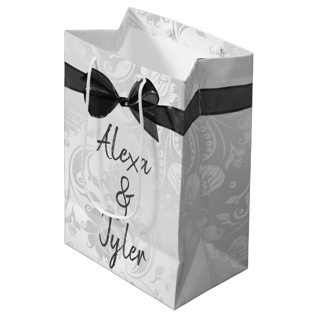 Bolsa De Regalo Mediana Black Bow On Boda White Damask (Angulo Anverso)