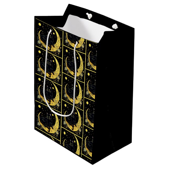 Bolsa De Regalo Mediana Black Cat Crescent Moon Floral Gold Halloween (Angulo Anverso)