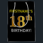 Bolsa De Regalo Mediana Black, Faux Gold 18th Birthday   Custom Name<br><div class="desc">Este sencillo diseño de bolsos de regalo de cumpleaños incluye un mensaje personalizado como "¡18º CUMPLEAÑOS DE FIRSTNAME!" (con el "18º" con un aspecto de color falso/imitación dorado) sobre un fondo de color negro. El nombre está en negrita en color amarillo y se puede personalizar. Una bolsa de regalo de...</div>
