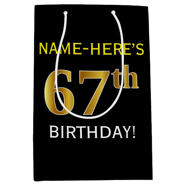 Bolsa De Regalo Mediana Black, Faux Gold 67th Birthday + Custom Name (Anverso)
