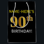 Bolsa De Regalo Mediana Black, Faux Gold 90th Birthday   Custom Name<br><div class="desc">Este sencillo diseño de bolsos de regalo de cumpleaños incluye un mensaje personalizado como "¡NOMBRE DEL CUMPLEAÑOS 90 DE AQUÍ!" (el "90" tiene un aspecto de color falso/imitación de oro) sobre un fondo de color negro. El nombre está en negrita en color amarillo y se puede personalizar. Una bolsa de...</div>