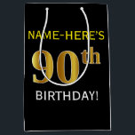 Bolsa De Regalo Mediana Black, Faux Gold 90th Birthday   Custom Name<br><div class="desc">Este sencillo diseño de bolsos de regalo de cumpleaños incluye un mensaje personalizado como "¡NOMBRE DEL CUMPLEAÑOS 90 DE AQUÍ!" (el "90" tiene un aspecto de color falso/imitación de oro) sobre un fondo de color negro. El nombre está en negrita en color amarillo y se puede personalizar. Una bolsa de...</div>