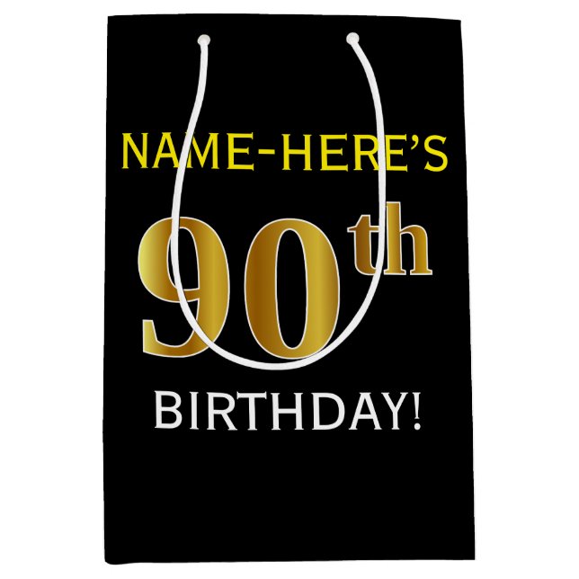 Bolsa De Regalo Mediana Black, Faux Gold 90th Birthday + Custom Name (Anverso)
