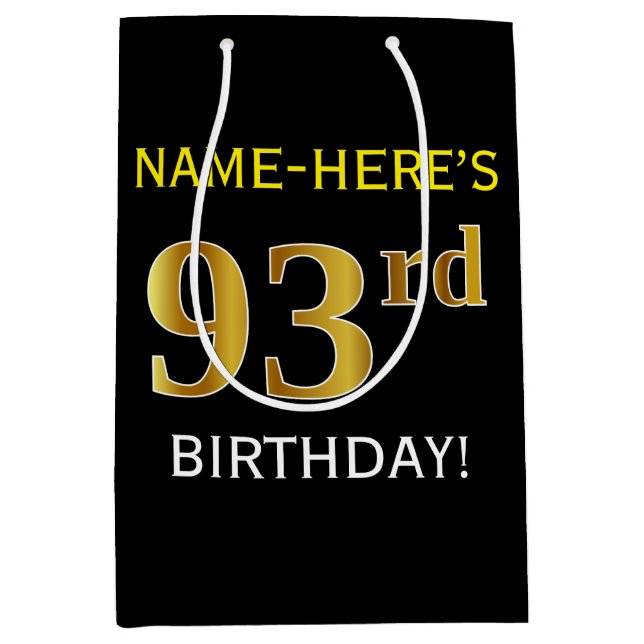 Bolsa De Regalo Mediana Black, Faux Gold 93rd Birthday + Custom Name (Anverso)