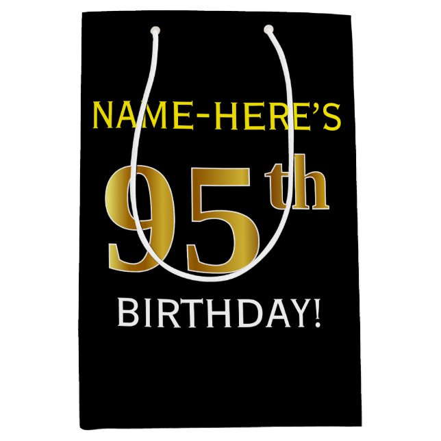 Bolsa De Regalo Mediana Black, Faux Gold 95th Birthday + Custom Name (Anverso)