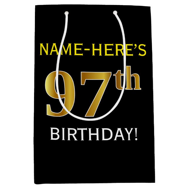 Bolsa De Regalo Mediana Black, Faux Gold 97th Birthday + Custom Name (Anverso)