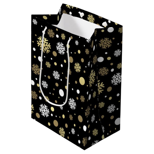 Bolsa De Regalo Mediana Black Faux Gold Snowflakes Polkadots (Angulo Anverso)
