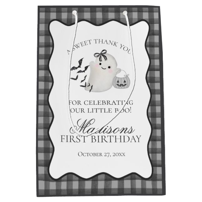 Bolsa De Regalo Mediana Black Gingham Cute Ghost Birthday Party Favors (Anverso)