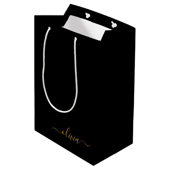Bolsa De Regalo Mediana Black Gold Modern Script Girly Monograma Nombre (Angulo reverso)