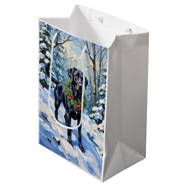 Bolsa De Regalo Mediana Black Lab Serene Winter Forest Christmas Holiday (Angulo Anverso)