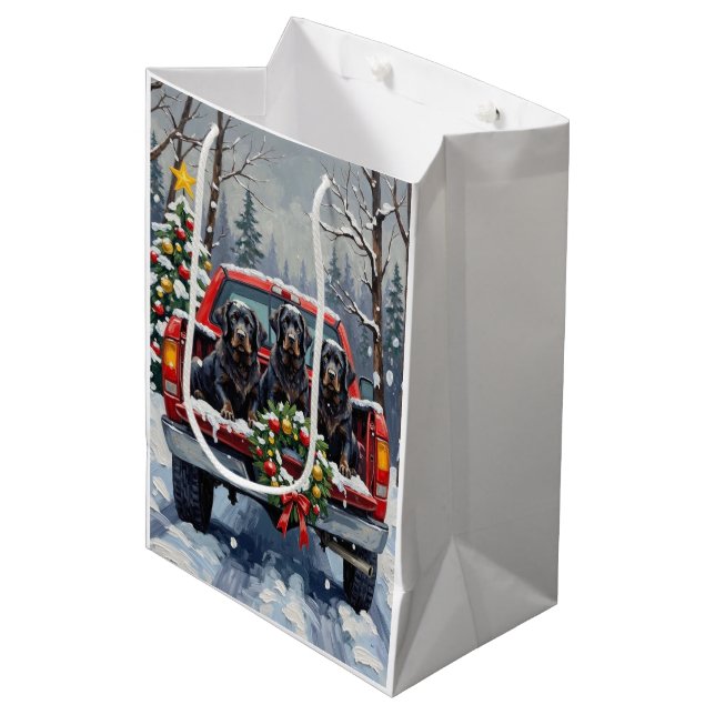 Bolsa De Regalo Mediana Black Newfoundland Christmas Red Truck Holiday (Angulo Anverso)