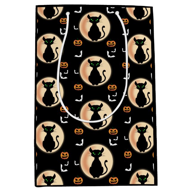 Bolsa De Regalo Mediana Black Spooky cat ojos verdes con luna Halloween (Anverso)