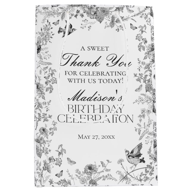 Bolsa De Regalo Mediana Black Toile De Jouy Floral Birthday Party Favors (Anverso)