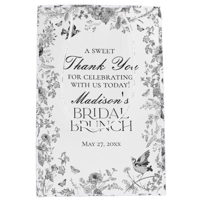 Bolsa De Regalo Mediana Black Toile De Jouy Floral Bridal Brunch Favors (Anverso)