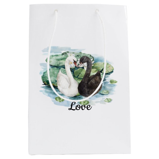 Bolsa De Regalo Mediana Black White Swans Water Lilies Bridal Shower (Anverso)
