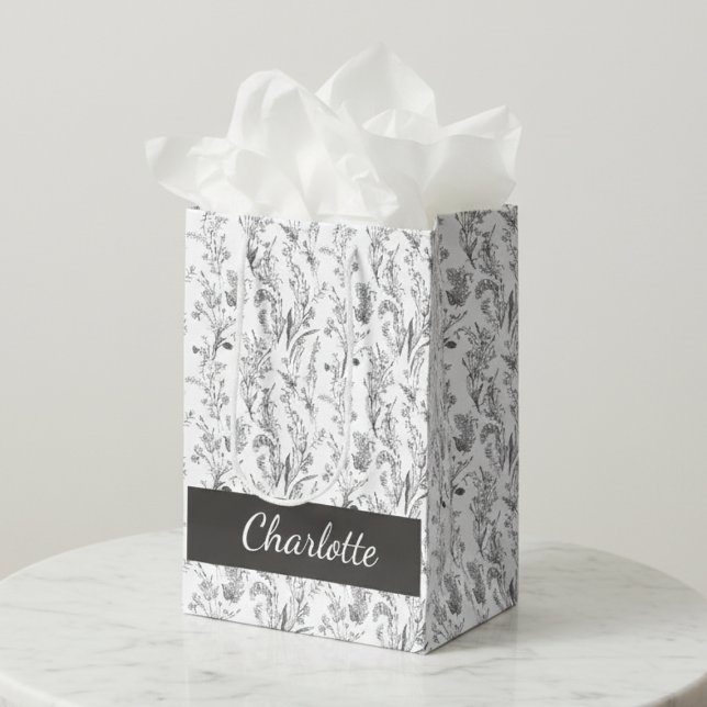 Bolsa De Regalo Mediana Black White Toile Floral Custom Name (black and white toile floral custom name gift bag with elegant chic pattern)