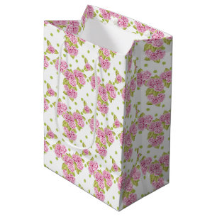 BOLSA DE REGALO MEDIANA BLANCO CON PEQUEÑAS FLORES DE COLOR ROJO Y HOJAS V