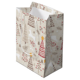 Bolsa De Regalo Mediana Blanco cremoso, árbol de Navidad y ciervo