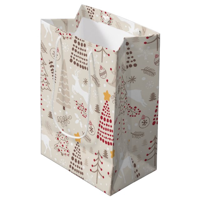 Bolsa De Regalo Mediana Blanco cremoso, árbol de Navidad y ciervo (Angulo Anverso)