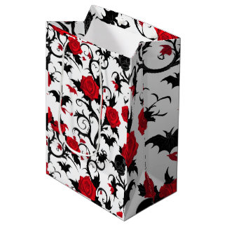 Bolsa De Regalo Mediana Blanco Gótico con Rosas Rojas, Murciélagos y Calav