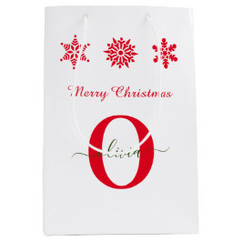 Bolsa De Regalo Mediana Blanco Rojo Verde Monograma Letra Navidad Feliz