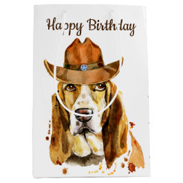 Bolsa De Regalo Mediana Bloodhound de cumpleaños con Gorra de Cowboy