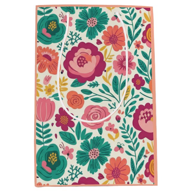 Bolsa De Regalo Mediana Bloom & Bright: Folk-Art Floral Garden Pattern (Anverso)