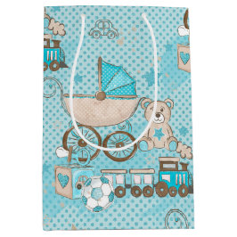 BOLSA DE REGALO MEDIANA BLOQUES DE BALLENAS DE TRENES DE BEAR DE BEBÉ AZUL