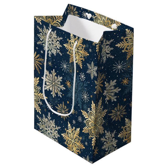 Bolsa De Regalo Mediana Blue and Gold Snowflake Christmas (Angulo Anverso)