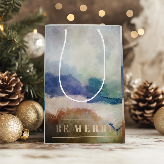 Bolsa De Regalo Mediana Blue Be Merry Holiday (Be Merry Watercolor Gift Bag)