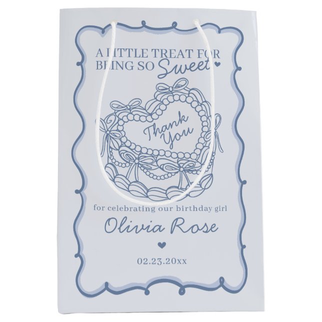 Bolsa De Regalo Mediana Blue Bow Retro Heart Coquette Cake Cumpleaños (Anverso)