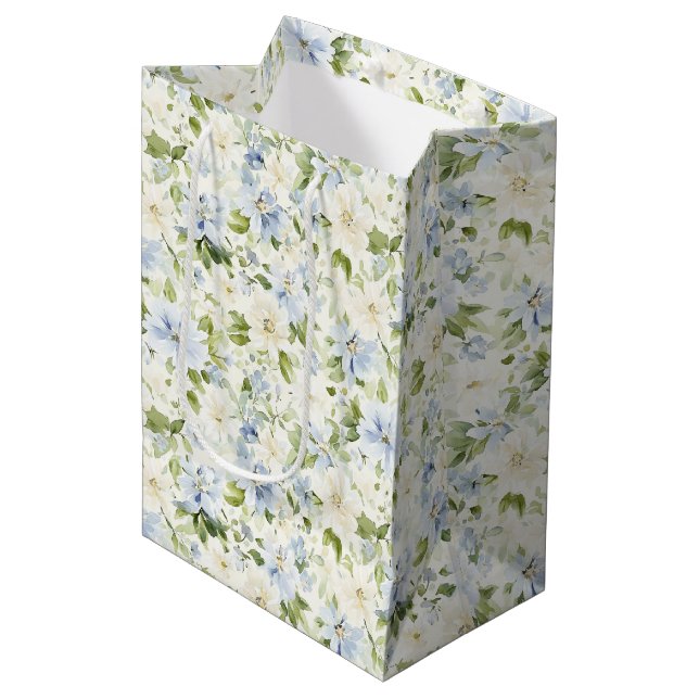 Bolsa De Regalo Mediana Blue Cream Floral Bridal Shower   (Angulo Anverso)