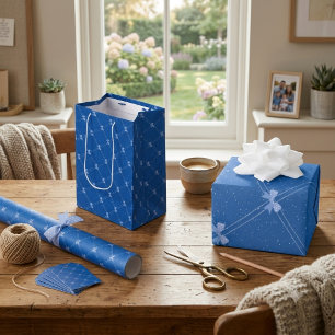 Bolsa De Regalo Mediana Blue Gift, White Polka Dots & Blue Bow Pattern