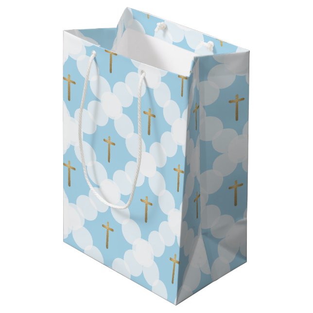 Bolsa De Regalo Mediana Blue & Gold Cross Elegant Christian Baptism (Angulo Anverso)