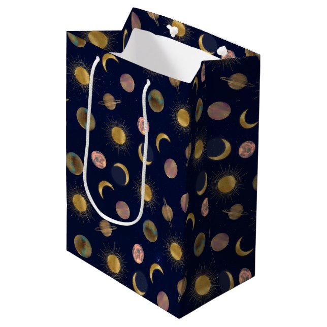 Bolsa De Regalo Mediana Blue Gold Sun Moon Planets Space ilustracion (Angulo Anverso)