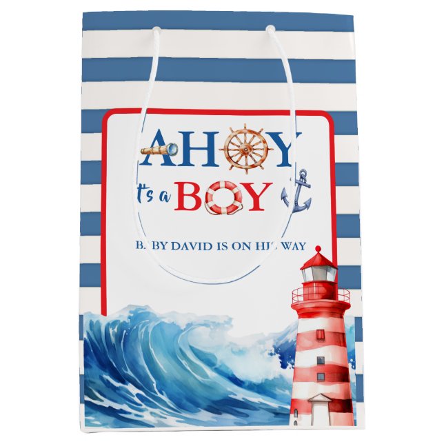 Bolsa De Regalo Mediana Blue Red Nautical Ahoy Boy Lighthouse Baby Shower (Anverso)