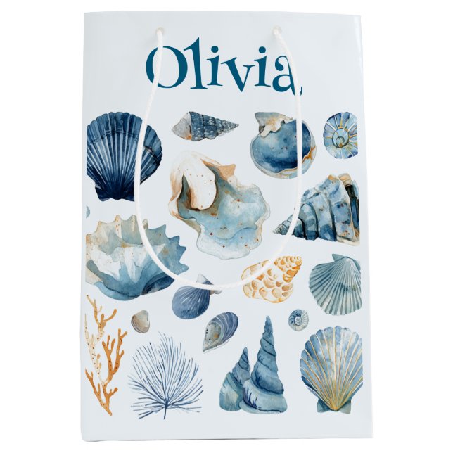 Bolsa De Regalo Mediana Blue Seashell Gift Bag | Custom Name (Anverso)