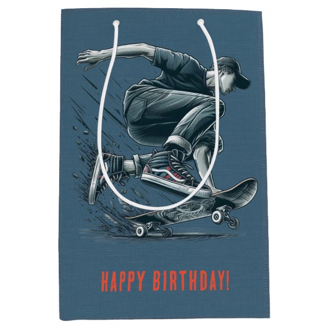 Bolsa De Regalo Mediana Blue Skateboarder Naranja quemado Feliz cumpleaños (Anverso)
