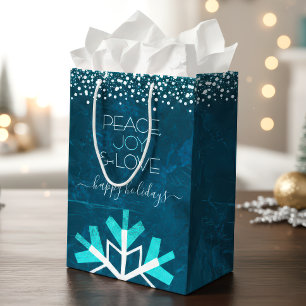 Bolsa De Regalo Mediana Blue Snowflake Moderno Peace Joy Love Typography