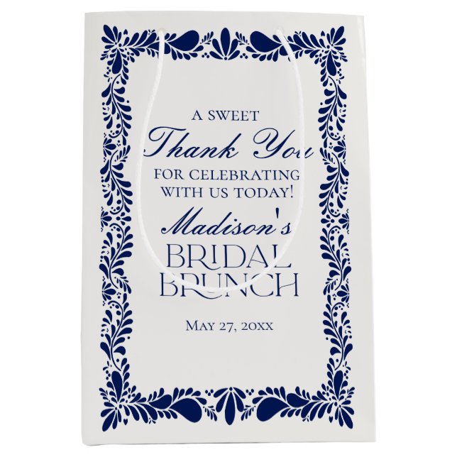Bolsa De Regalo Mediana Blue Talavera Tile Fiesta Bridal Brunch Favores (Anverso)
