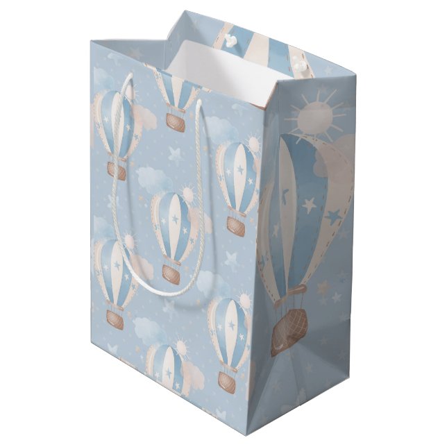 Bolsa De Regalo Mediana Blue Taupe Air Balloons Stars Nubes Boy Shower (Angulo reverso)