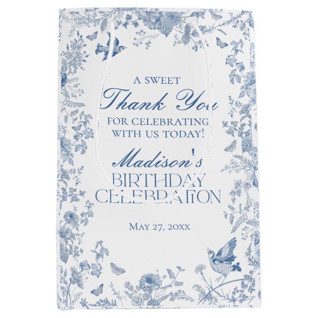 Bolsa De Regalo Mediana Blue Toile De Jouy Cumpleaños Party Favor (Anverso)