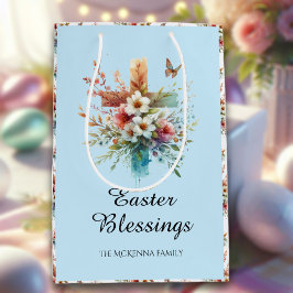 Bolsa De Regalo Mediana Blue Watercolor Cross Flores Pascua Cristiana