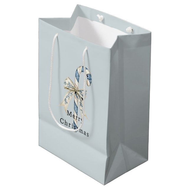 Bolsa De Regalo Mediana Blue White Candy Canes Bows Christmas (Angulo Anverso)